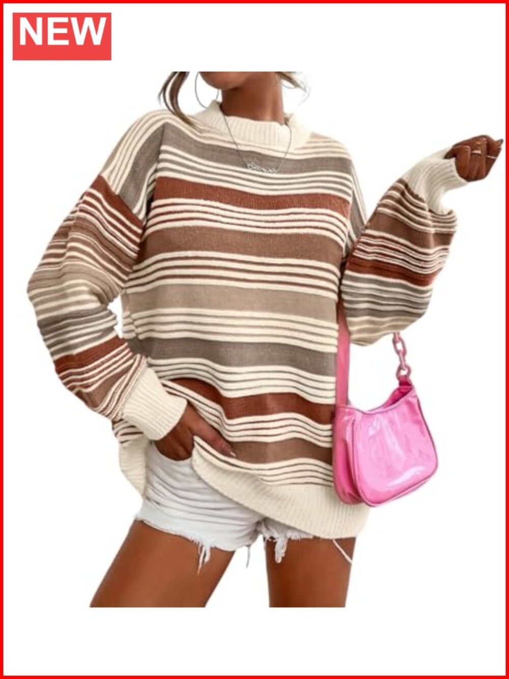 Oversized Contrast Stripe Pullover Sweater Women Fall Winter Knit Top